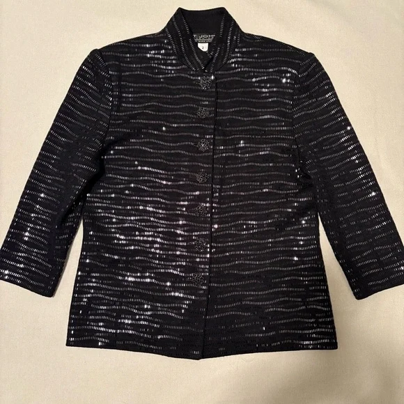 St. John Evening Black Textured Open-Front Blazer Embellished Buttons Size 2 - Picture 11 of 15